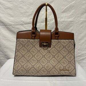 Dasein women's top handle monogram satchel bag in brown.